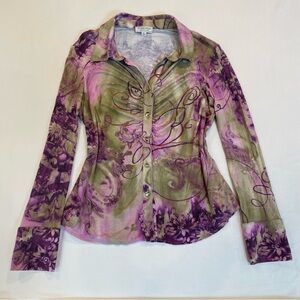 Vintage St. John Y2K Floral Boho Long Sleeve Button-Up Blouse, Size M/L